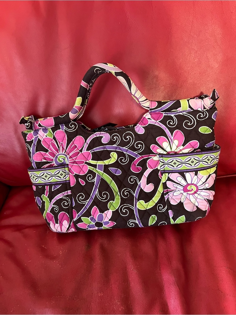 Vera Bradley Floral Quilted Tote in Brown with Pink & Lime - Picture 2 of 4